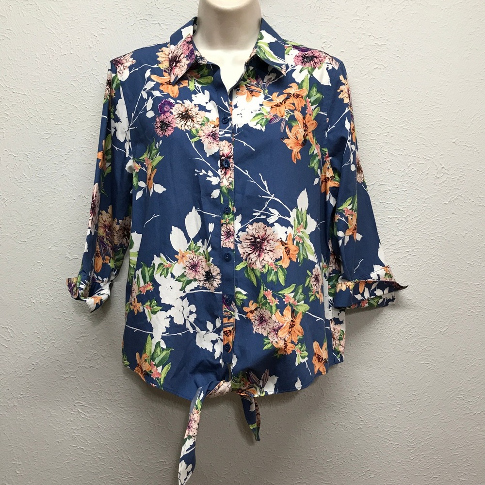 Chico's No Iron Floral Button Down Shirt Size 1 M 8/10 Blue Tie Front Cotton